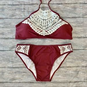 Burgundy Boho High Neck Crochet Two Piece Bikini